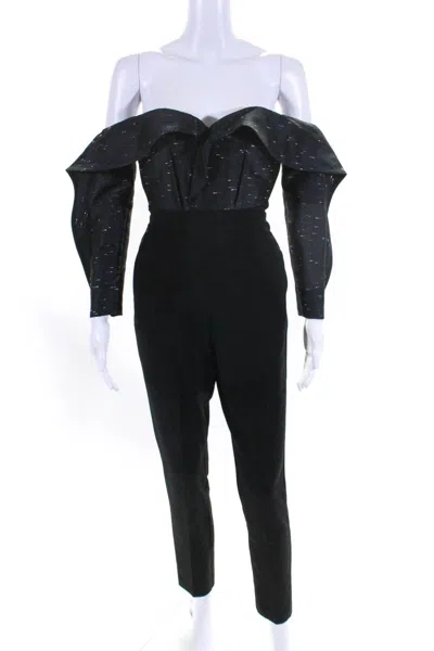 Self-portrait Self Portrait Womens Black Off Shoulder Long Sleeve Skinny Leg Jumpsuit