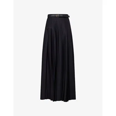 Self-portrait Womens Black Pleated Belted Woven Maxi Skirt