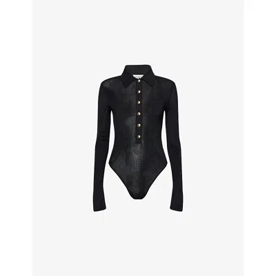 Self-portrait Womens Ribbed Long-sleeves Knitted Bodysuit Black