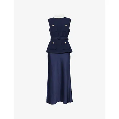SELF-PORTRAIT WOMENS BLUE BOUCLE SLEEVELESS WOVEN MIDI DRESS