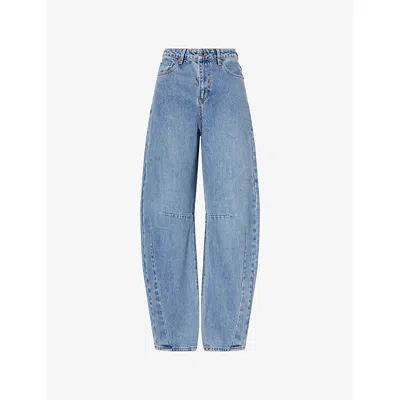 Self-portrait Womens Blue Brand-embroidery Barrel-leg Denim Jeans