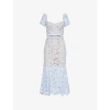 Self-portrait Womens Blue Corset-bodice Short-sleeve Lace Midi Dress In Blue