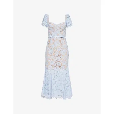 Self-portrait Womens Blue Corset-bodice Short-sleeve Lace Midi Dress