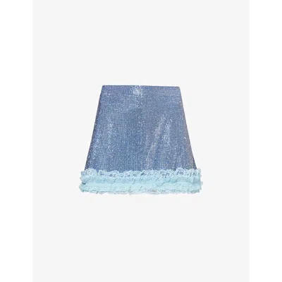 Self-portrait Womens  Crystal-embellished Lace-trim Mini Skirt In Blue