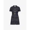 Self-portrait Womens Blue Crystal Short-sleeves Stretch-denim Blend Mini Dress In Blue