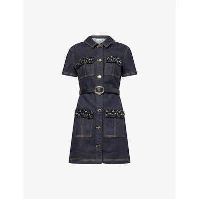 Self-portrait Womens Blue Crystal Short-sleeves Stretch-denim Blend Mini Dress