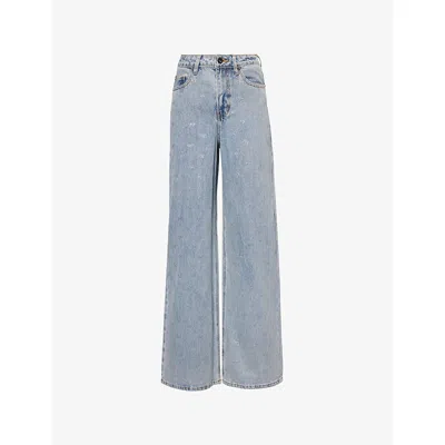 Self-portrait Womens Embellished Wide-leg Denim Jeans Blue