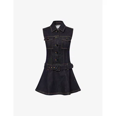 SELF-PORTRAIT WOMENS BLUE FLARED SLEEVELESS STRETCH-DENIM BLEND MINI DRESS