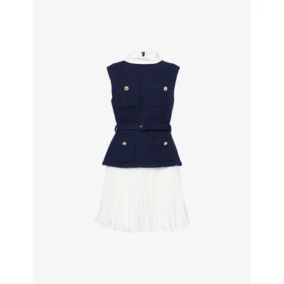 SELF-PORTRAIT WOMENS BLUE PLEATED SLEEVELESS WOVEN MINI DRESS