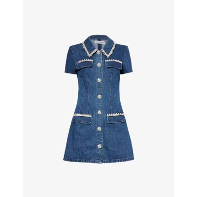 Self-portrait Womens Pointed-collar Crystal-embellished Denim Mini Dress Blue