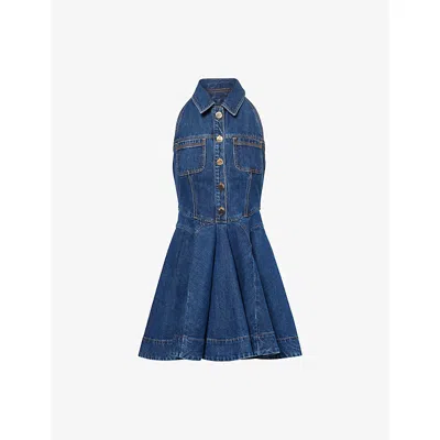SELF-PORTRAIT WOMENS BLUE POINTED-COLLAR FLARED DENIM MINI DRESS
