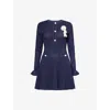 Self-portrait Perforated Knit Short Dress With Removable Lace Brooch In Blue