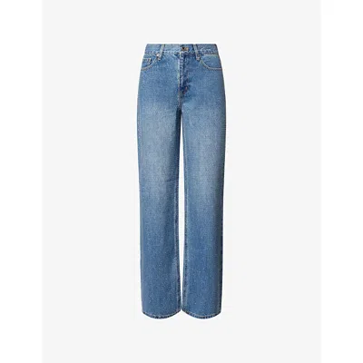 SELF-PORTRAIT WOMENS BLUE RHINESTONE STRAIGHT-LEG DENIM JEANS