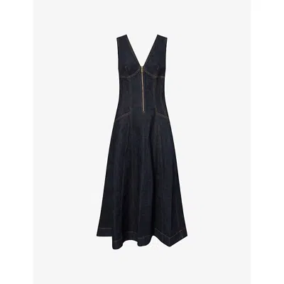 Self-portrait Womens Blue V-neck Flared Stretch-denim Blend Midi Dress