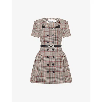Self-portrait Womens Brown Check-print Square-neck Wool-blend Mini Dress