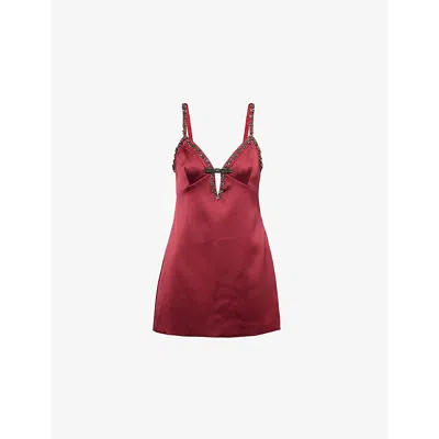 Self-portrait Womens Embellished V-neck Satin Mini Dress Burgundy