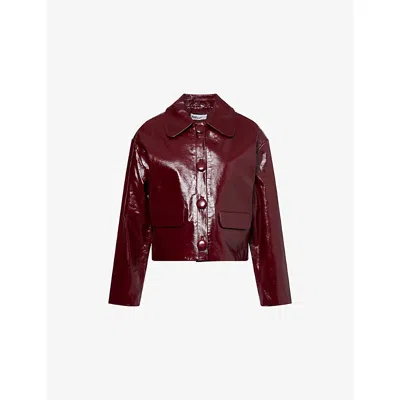 Self-portrait Womens Peter Pan Collar Boxy-fit Faux-leather Jacket Burgundy In Brown