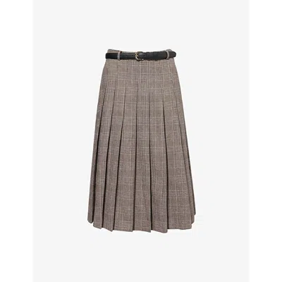 Self-portrait Womens Check-print Pleated Cotton-blend Midi Skirt Brown