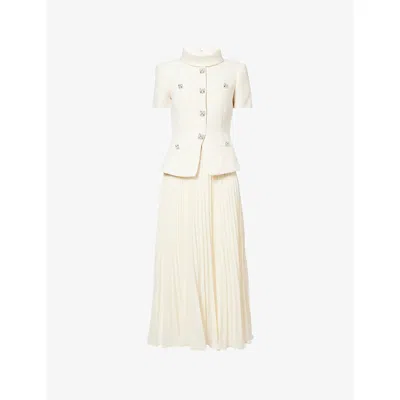 Self-portrait Womens Cream Bouclé Pleated Woven Midi Dress In White