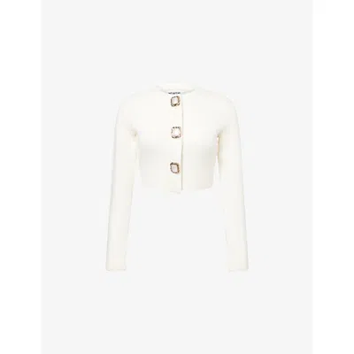 Self-portrait Womens Cream Cropped Embellished Stretch-wool Blend Cardigan In White