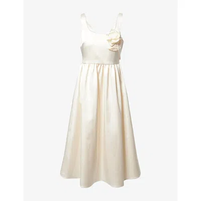 SELF-PORTRAIT WOMENS CREAM FLOWER-APPLIQUÉ FLARED WOVEN MIDI DRESS