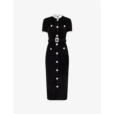 Self-portrait Womens Black Crystal-embellished Lace-trim Chenille-knit Midi Dress