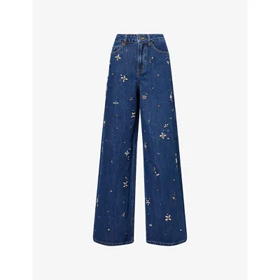 Self-portrait Womens Blue Embellished Wide-leg Denim Jeans