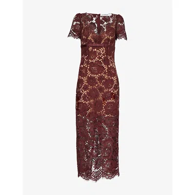 Self-portrait Womens Burgundy Floral Lace Bow-embellished Woven Midi Dress In Brown