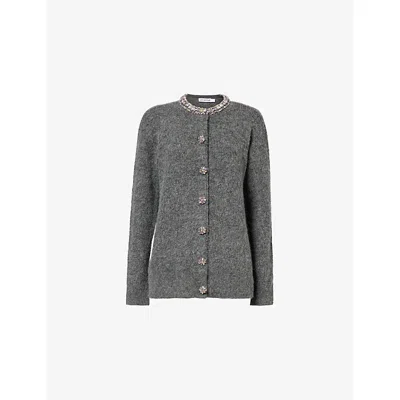 Self-portrait Womens Self Portrait Crystal-trim Round-neck Knitted Cardigan In Gray