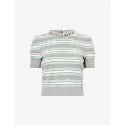 SELF-PORTRAIT WOMENS GREY CRYSTAL-TRIM STRIPE WOOL-BLEND KNITTED TOP XS