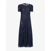Self-portrait Navy Lace Midi Dress With Pearl And Crystal Embellished Collar In Blue