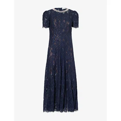 Self-portrait Womens Navy Lace Embellished Woven Midi Dress In Blue