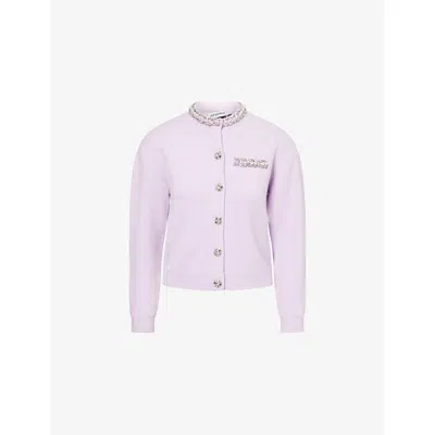 Self-portrait Womens Round-neck Crystal-embellished Knit Cardigan Lilac
