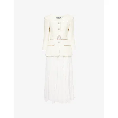 Self-portrait Womens Cream Long-sleeve Boucle Chiffon Midi Dress In White