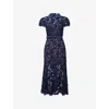 Self-portrait Womens Navy Guipure-lace Cap-sleeves Midi Dress In Blue