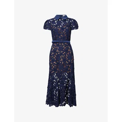 Self-portrait Womens Navy Guipure-lace Cap-sleeves Midi Dress In Blue