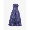 Self-portrait Strapless Pleated Polka-dot Satin Midi Dress In Navy