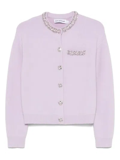 SELF-PORTRAIT WOMEN`S PURPLE PEARL TRIM RIBBED KNIT CARDIGAN