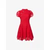 Self-portrait Womens Red Lace Cap-sleeves Cotton-blend Mini Dress In Red