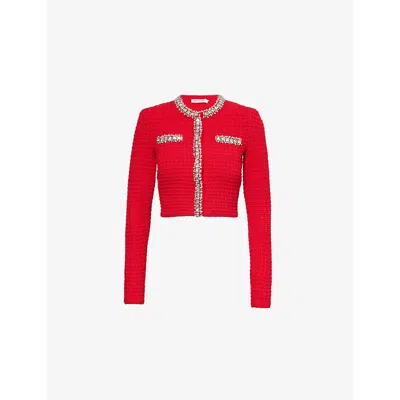 SELF-PORTRAIT WOMENS RED BOXY-FIT CRYSTAL-EMBELLISHED KNIT CARDIGAN XS