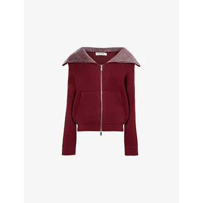 SELF-PORTRAIT WOMENS BURGUNDY DIAMANTÉ-COLLAR RIBBED WOOL-BLEND KNIT JACKET