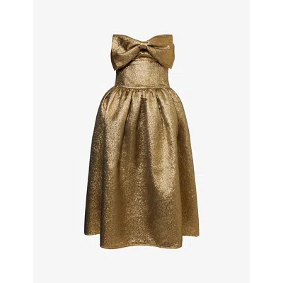 SELF-PORTRAIT WOMENS GOLD EMBELLISHED-BOW BANDEAU JACQUARD MIDI DRESS