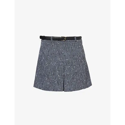 Self-portrait Womens Front-pleat Fully-lined Boucle Mini Skirt Blue