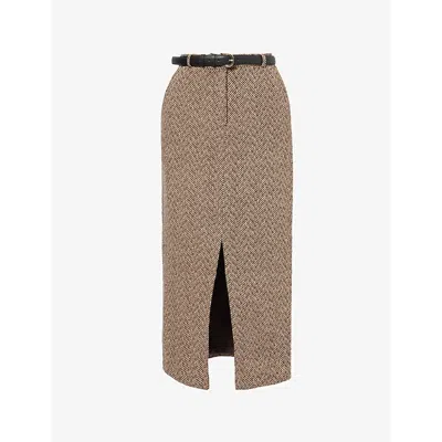 Self-portrait Womens Front-pleat Herringbone Woven Midi Skirt Brown