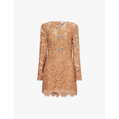 Self-portrait Womens Tan Lace Bow-embellished Woven Mini Dress In Brown