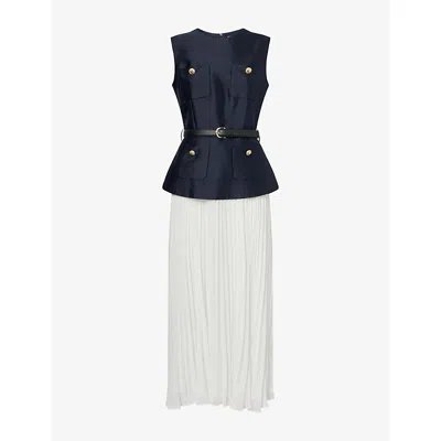 Self-portrait Womens Pleated Sleeveless Woven Midi Dress Blue In Black
