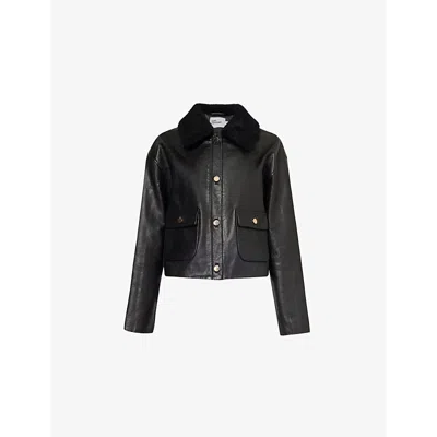 SELF-PORTRAIT WOMENS BLACK REMOVABLE-COLLAR FLAP-POCKET REGULAR-FIT LEATHER JACKET