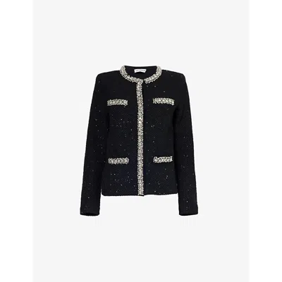Self-portrait Womens Round-neck Crystal-embellished Knitted Cardigan Black