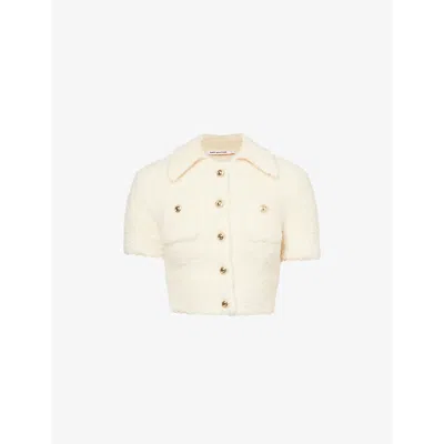 Self-portrait Womens Slim-fit Pointed-collar Textured Wool-blend Knit Top Cream