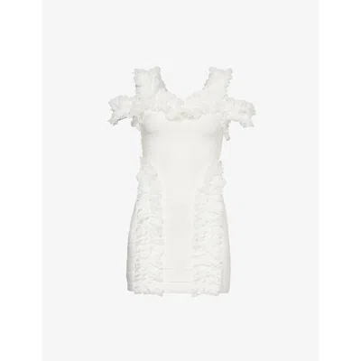 SELF-PORTRAIT WOMENS RUFFLE LACE-TRIM KNIT MINI DRESS WHITE